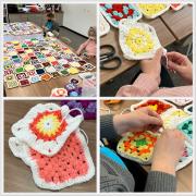 Four photographs of the granny squares crocheting in progress