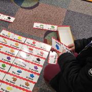 A child plays with color cards