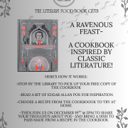 A flyer for the Literary Book Club features an image of the cookbook "A Ravenous Feast". Text reads: A cookbook inspired by classic literature