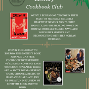 A flyer for the Literary Book Club features an image of "Crying in H Mart" by Michelle Zauner with accompanying cookbooks "The Korean Vegan" and "Umma"