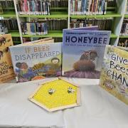 A honeycomb craft on a table with four bee-themed picture books