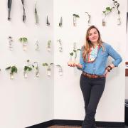 Photograph of the plant propagation corner. Image shows a person standing, holding a plant in front of rows of plant cuttings hanging from the wall.