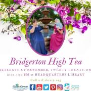 Social media image for Bridgerton High Tea. Photograph of two people in dresses sitting on a fountain.