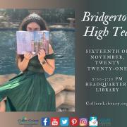 Social media image for Bridgerton High Tea. Photograph of person in dark green dress sitting on a fountain with book open.