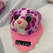 Photograph of finished stuffed animal taxidermy board. Pink leopard on a pink board with the name Sparkle written below. 