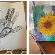 Image shows two final artworks by participants: a black and white drawing of a hand and a yellow sunflower.