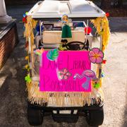 Front of decorated golf cart for bookmobile