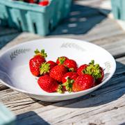 Strawberries on a white plate sitting on a picnic table