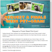 Screenshot of the McDaniel PetGram request form. Text reads: Request a finals week pet-gram