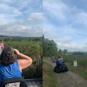 Side by side photo of people looking through binoculars in a field. The photo on the left shows a child and a person in a wheelchair using binoculars together.