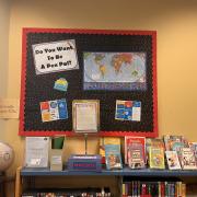 Photograph of library display: "Do you want to be a pen pal?"