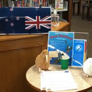 Photograph of library display: "Make a new friend in New Zealand" with New Zealand flag and stuffed kiwi bird toys.