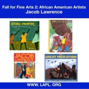Resource post for artist Jacob Lawrence. Photos of four book covers. "Story Painter: The Life of Jacob Lawrence" "Jake Makes a World" "Jacob Lawrence in the City" "The Great Migration"