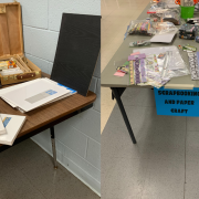 Two photos side by side. Left photo shows a table of blank canvases, the right photo shows a table labeled Scrapbook and Paper Craft.
