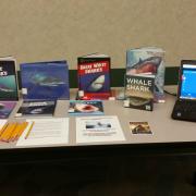 Display of books about sharks and a laptop