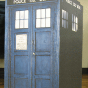 A cardboard cut out of the TARDIS