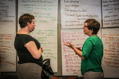 Librarians talking in front of a wall full of notes