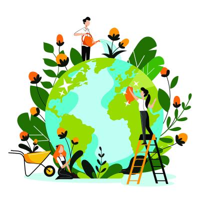 Illustration of the earth with people tending to plants