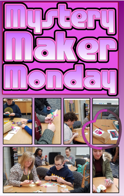 A collage of images showing students sitting at wooden tables, making crafts with a heading that reads "Makers Monday"