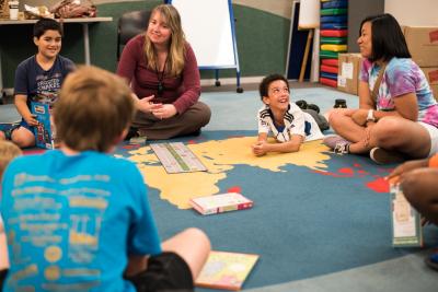 Group of buddies playing a reading game