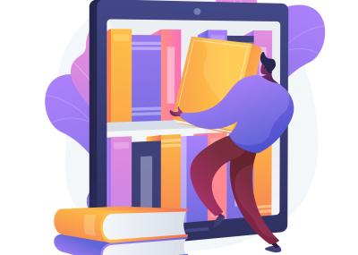 Illustration of person shelving large books inside of a tablet.
