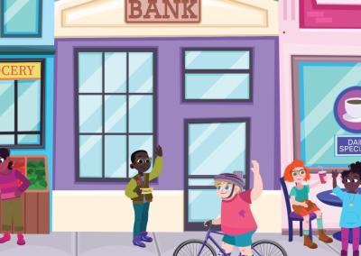 Illustration of children waving to each other in front a bank.