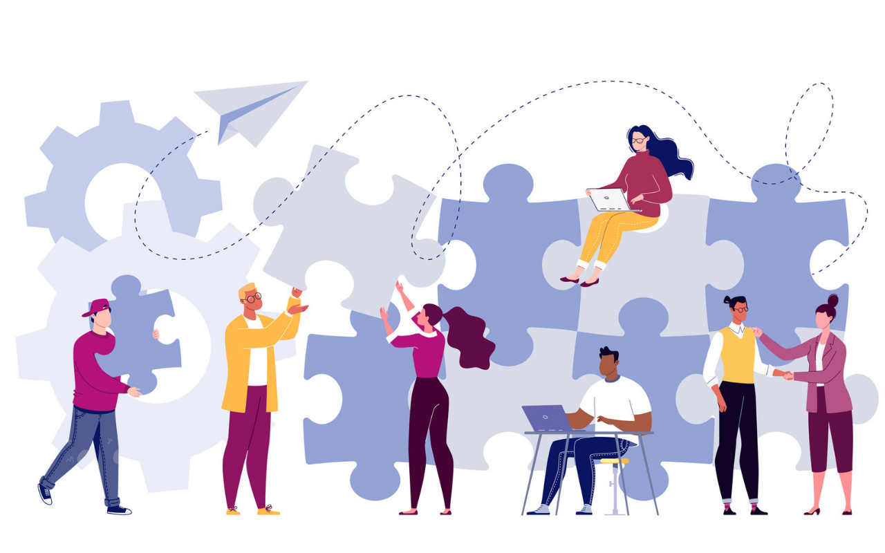 Illustration of people working together to create a large puzzle