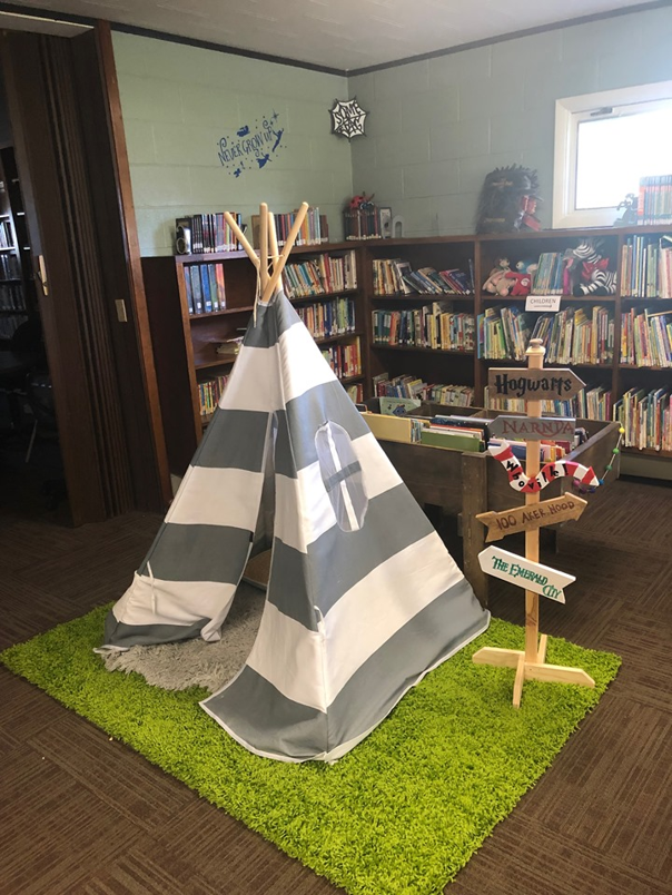 A tent inside the library
