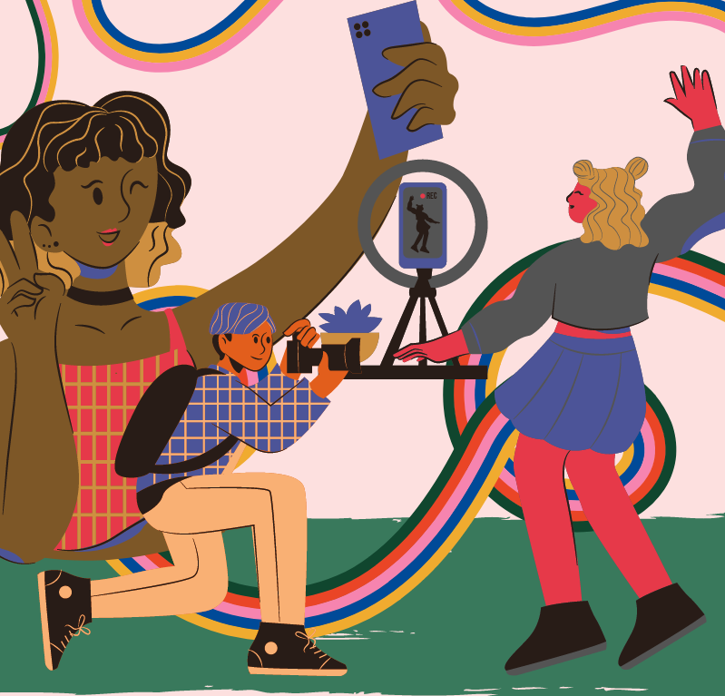 Illustration of three teens recording making videos on a colorful backdrop.