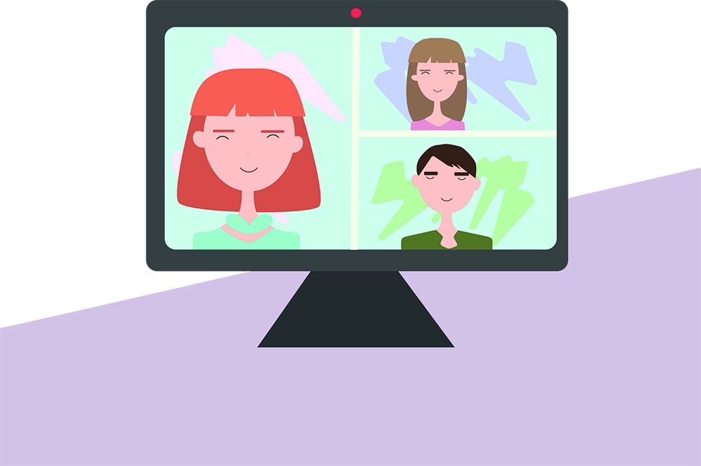 Drawn image of a computer with three people shown on screen similar to what's seen when on video calls