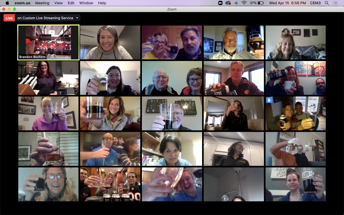 A screenshot of the participants "cheers"-ing in the virtual beer tasting Zoom meeting