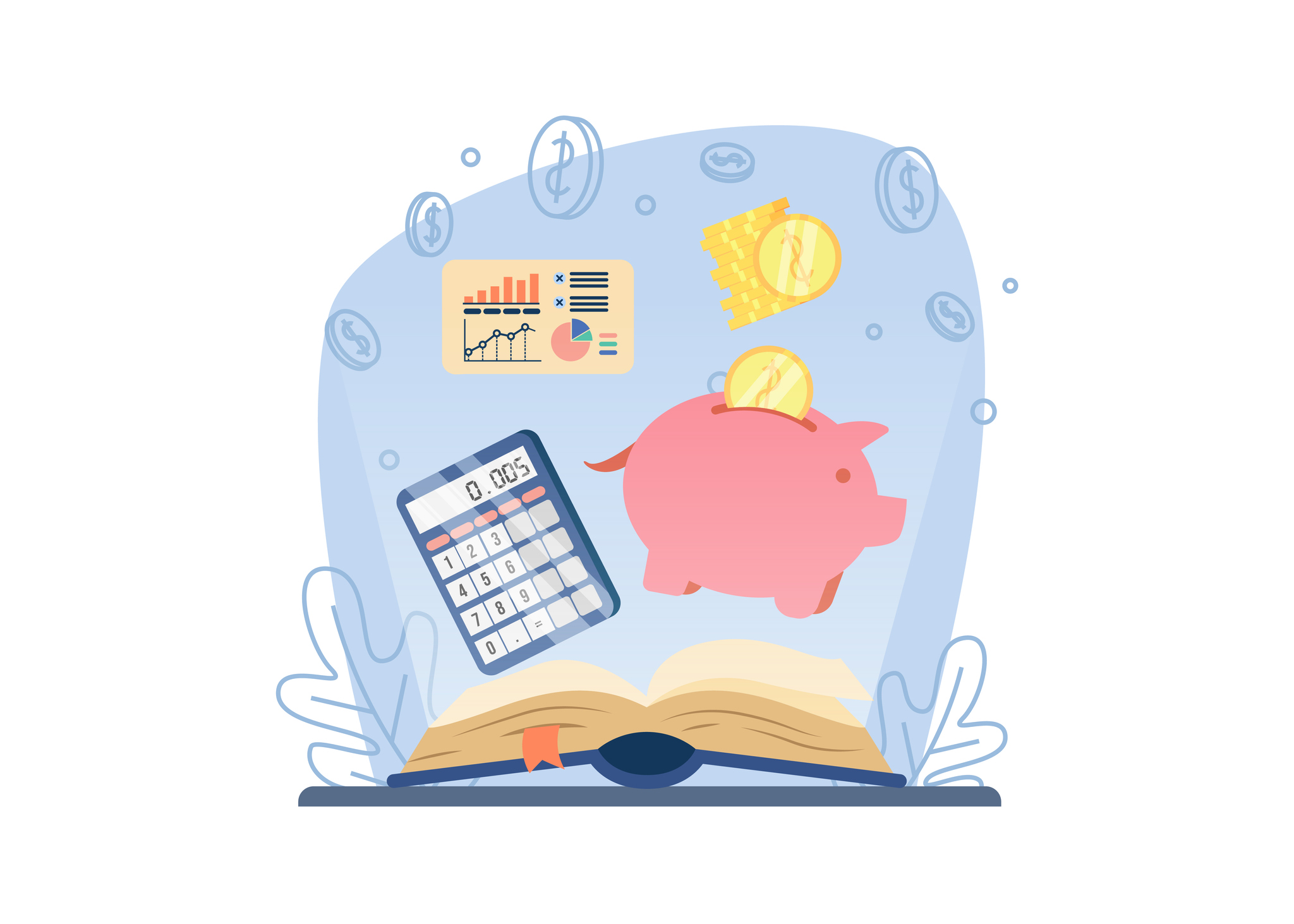 Illustration of an open book with a calculator, pink piggy bank, charts and gold coins.