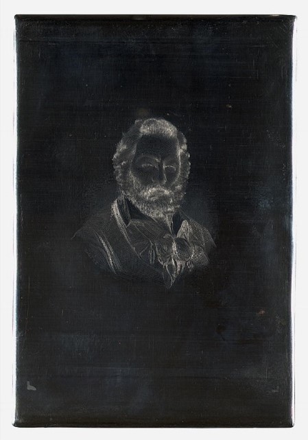 Black and white wood block print of a portrait of Walt Whitman