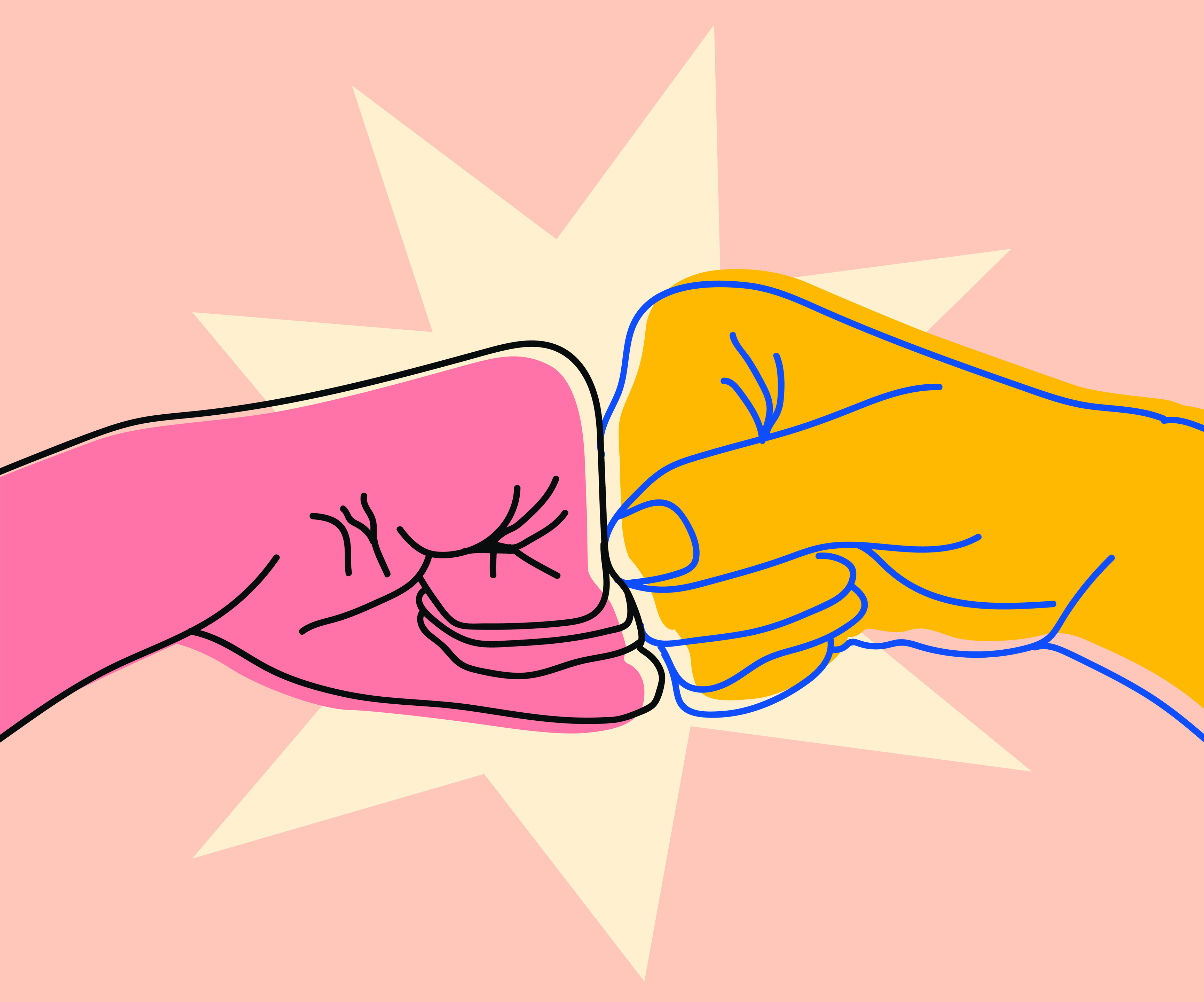 Illustration of two bumping fists against a light pink background.